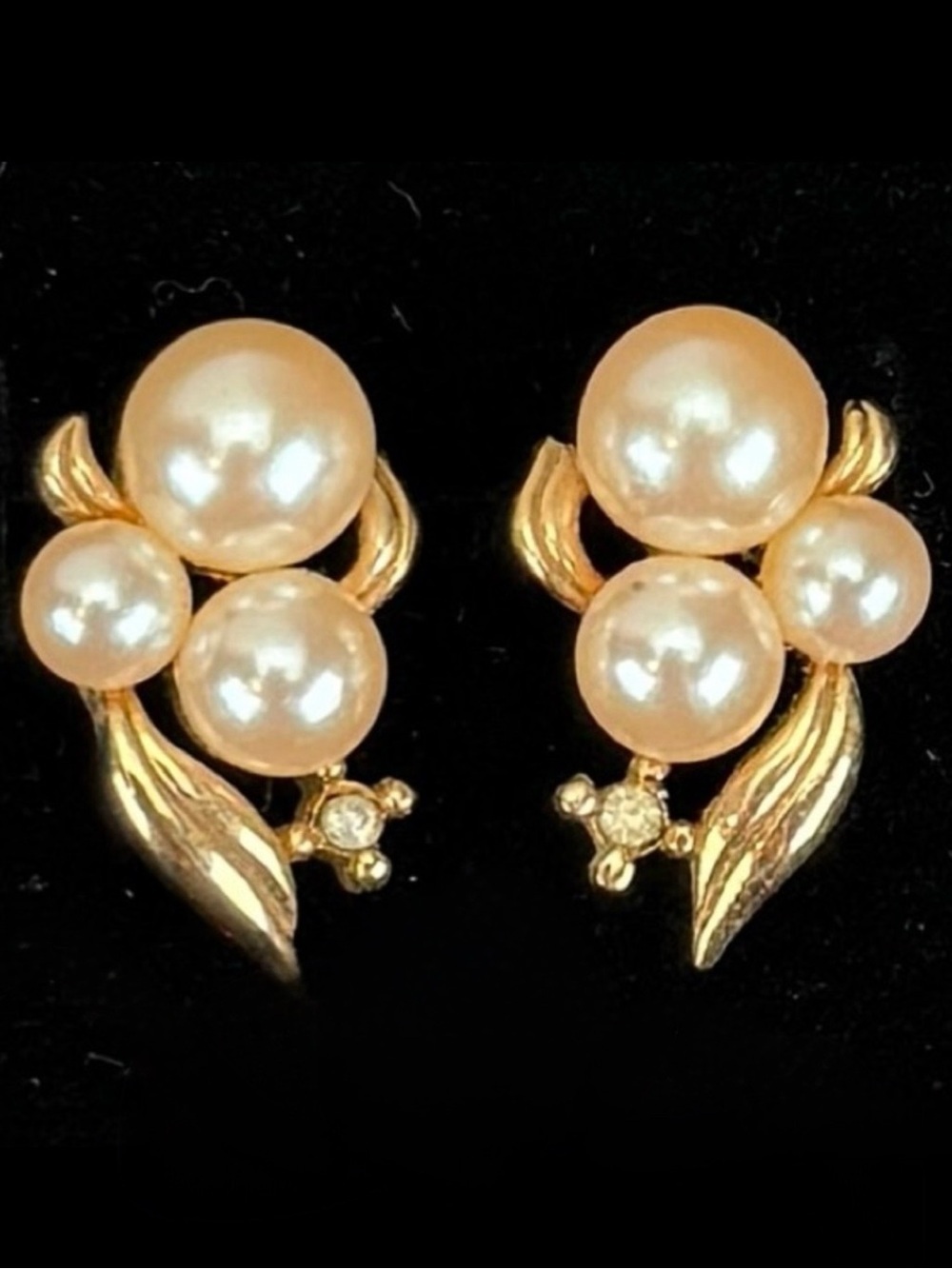 Vintage Goldtone and Cream Faux Pearl Bling Pierced Earrings